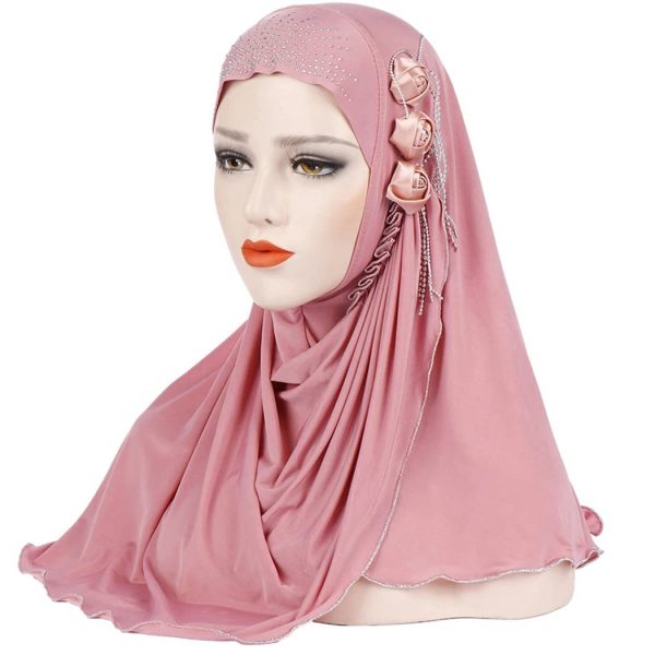 Lnrueg Women Hijab Long Flower Elastic Tassel Hoodie Breathable Rhinestone Soft Head Wrap Scarf for Girls Turban Headwraps Head Covering